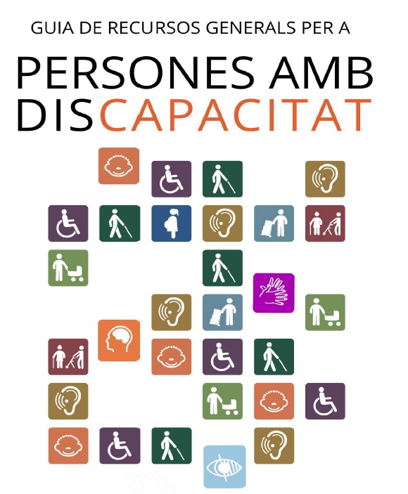 Portada de la guia de recursos perpersones amb discapacitat on surten diferents icones d'accessibilitat