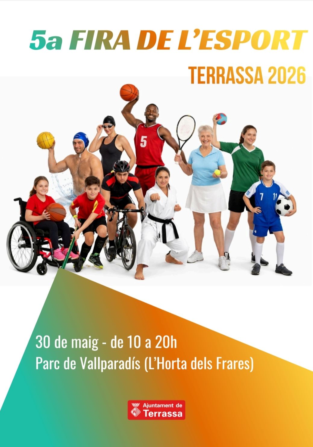 Cartel donde se ven diferentes personas practicando diversos deportes y se amuncia la feria