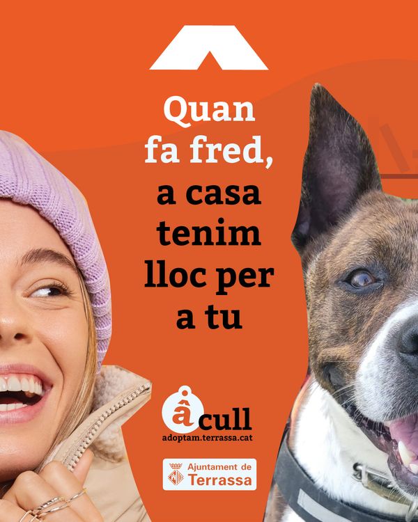 noia abrigada i un gos al costat, text al mig que diu Quan fa fred, a casa tenim lloc per tu
