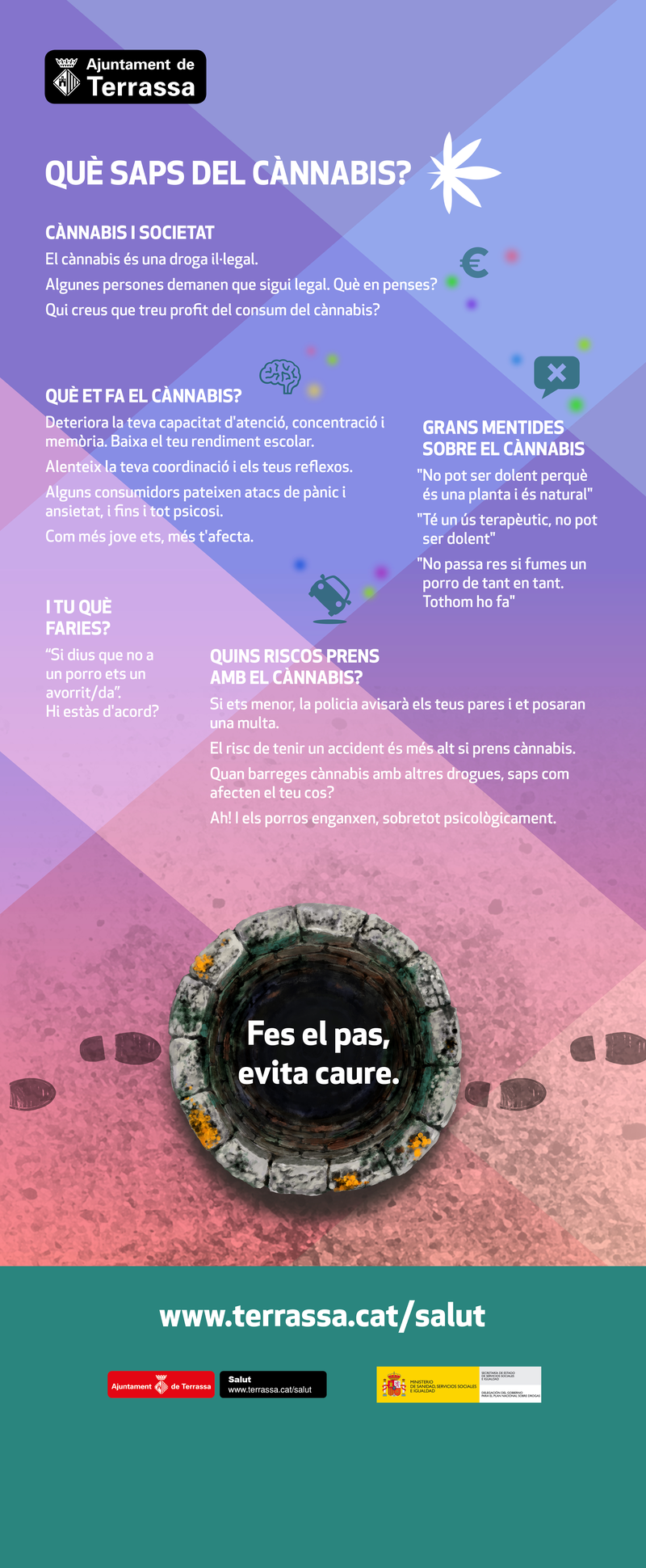 Panel de la exposición sobre el cannabis. El cannabis es una droga ilegal. Hay quien pide la legalización. El cannabis deteriora la capacidad de atención, concentración y memoria. Baja el rendimiento escolar. Ralentiza la coordinación y los reflejos. Pueden sufrirse ataques de pánico, ansiedad y psicosis. Hay grandes mentiras en la sociedad en torno al cannabis. Si eres menor, la policía avisa a los padres y pone una multa. Con su consumo, existe mayor riesgo de sufrir un accidente. Los porros enganchan, sobre todo psicológicamente.