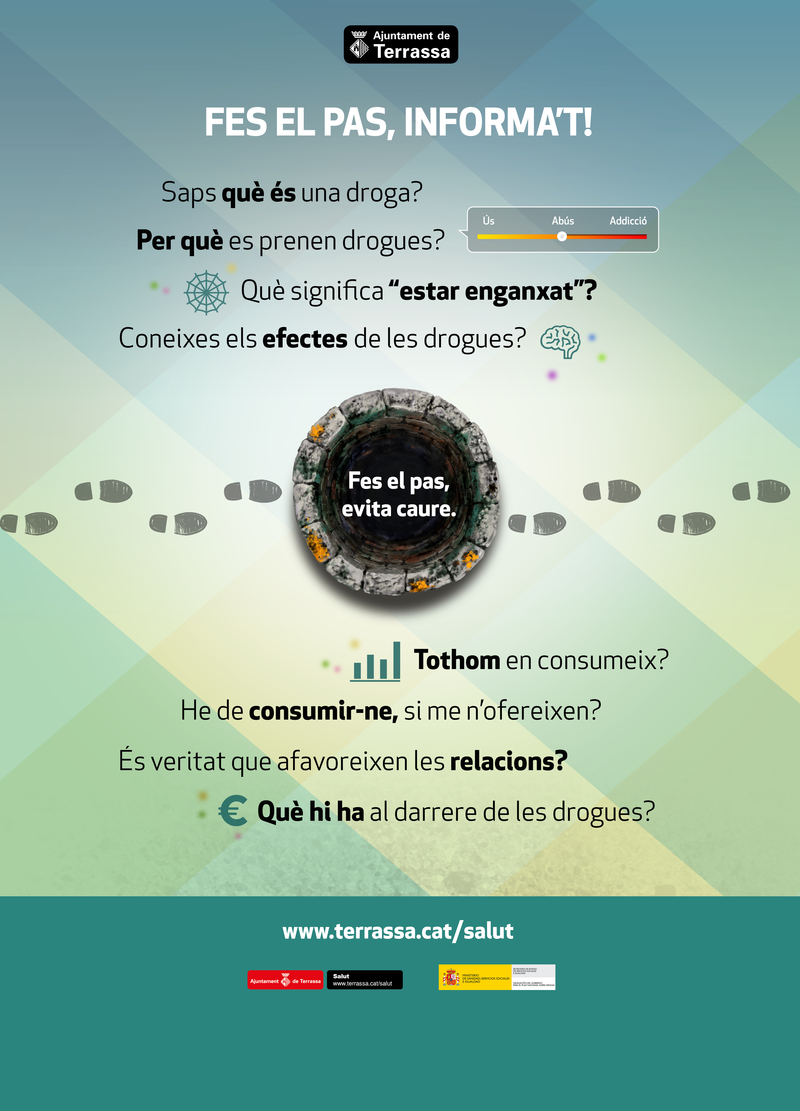 Panel de la exposición donde se presentan las preguntas: 1 ¿Qué es una droga? 2 ¿Por qué se consumen? 3 ¿Qué significa estar enganchado? 4 ¿Qué efectos tiene una droga? 5 ¿Todo el mundo consume? 6 Si me ofrecen, ¿tengo que consumirlos? 7 ¿Favorecen las relaciones? 8 ¿Qué hay detrás de las drogas? Todas las preguntas en torno a una imagen simbólica de un pozo profundo y negro.