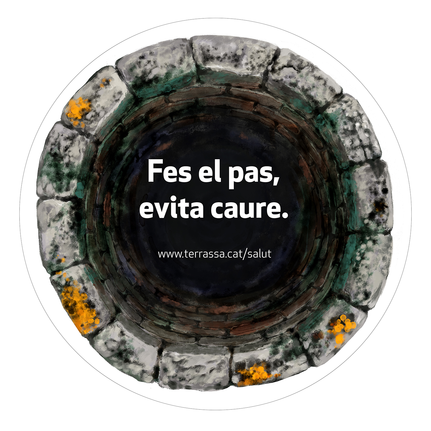 Imatge del logo de Fes el pas, evita caure. És un pou profund i negre vist des de dalt.