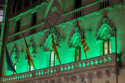 Imatge de la façana de l'ajuntament il·luminada de color verd