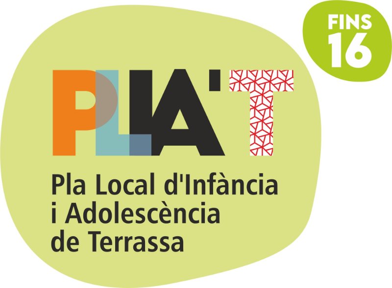 Logo del Pla Local de la Infància i l'Adolescència de Terrassa amb una bombolla al costat on hi ha escrit Fins 16 anys