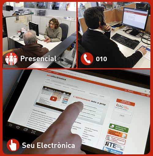 persona atenent presencialment, persona atenent per telefon i imatge web seuelectrònica