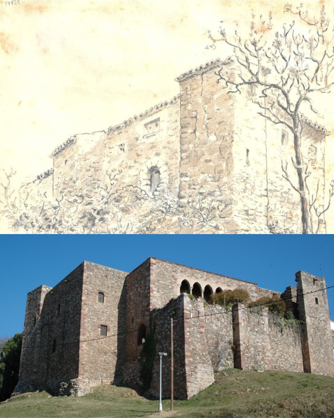 Castell Cartoixa de Vallparadís. Dibuix Mateu Avellaneda i fotografia actual