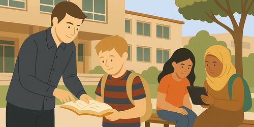Imatge referencial mostrant alumnat divers i un professor al pati d'una escola