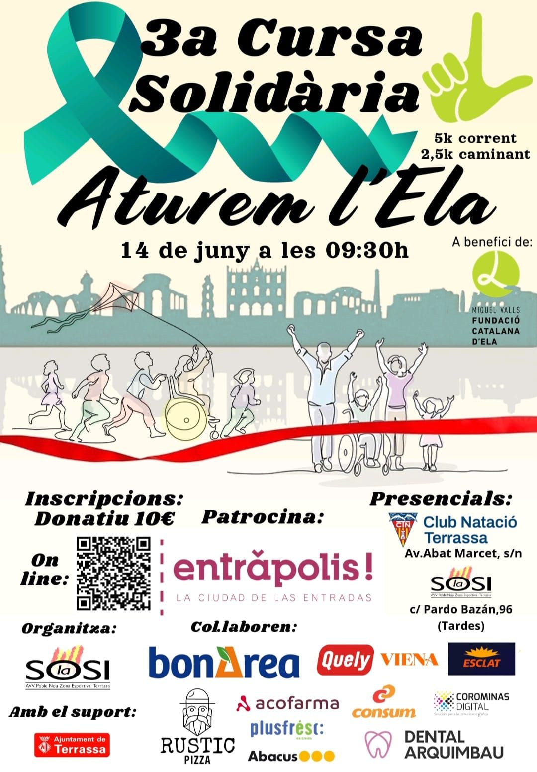 Cartell on es veuen siluetes de persones corren i d'altres en cadira de rodes sobre un skyline de la ciutat de Terrassa