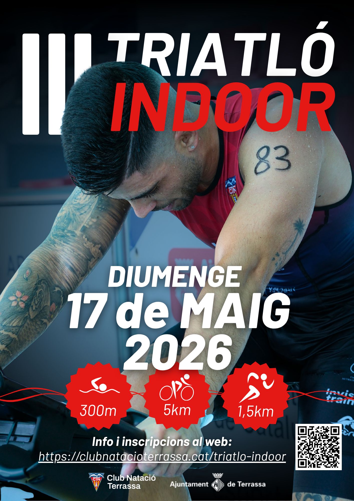 Cartell on es veu una persona practicant triatló i s'anuncia la competició