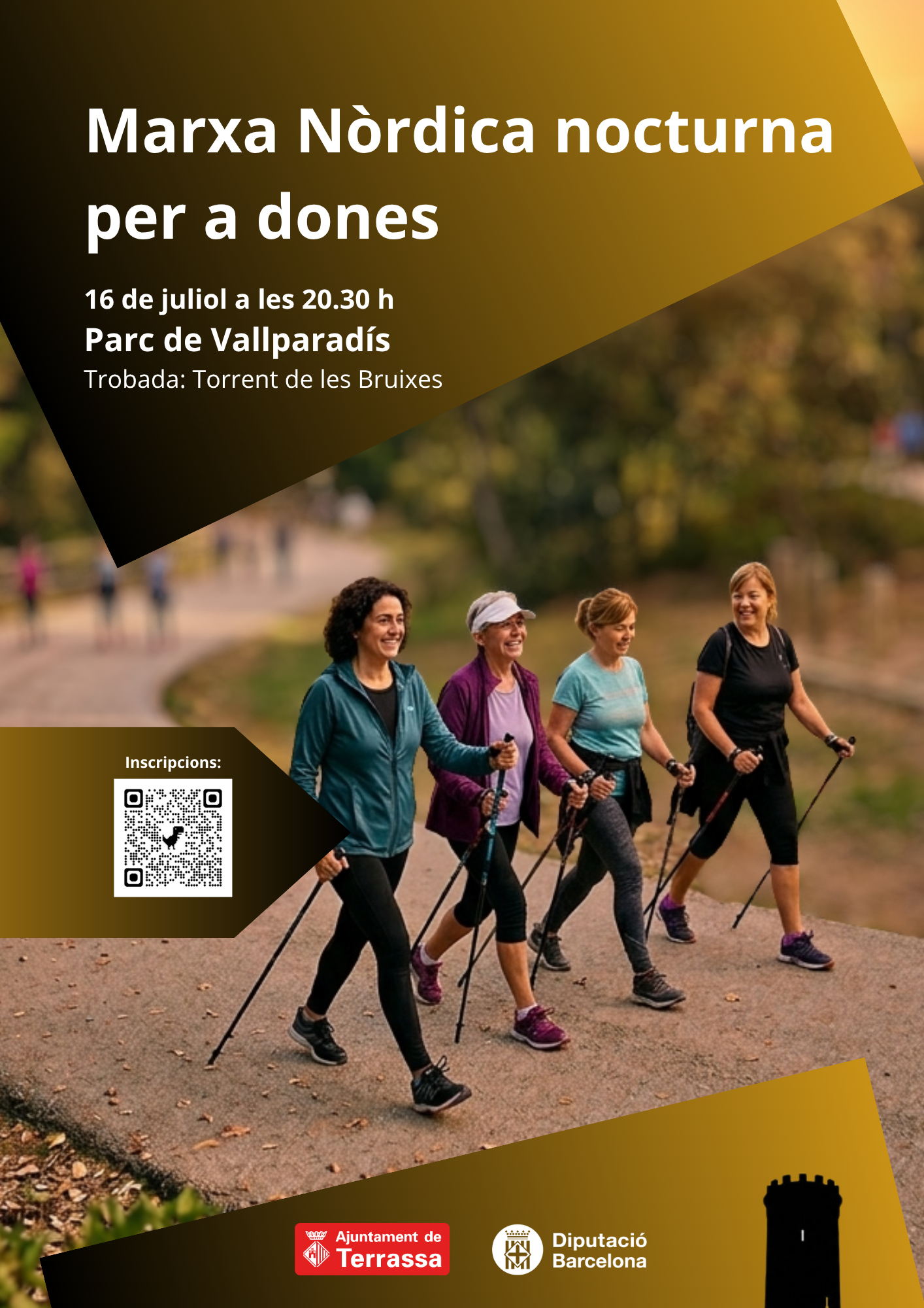 Cartell on s'anuncia la marxa i es veu un grup de dones caminant pel parc