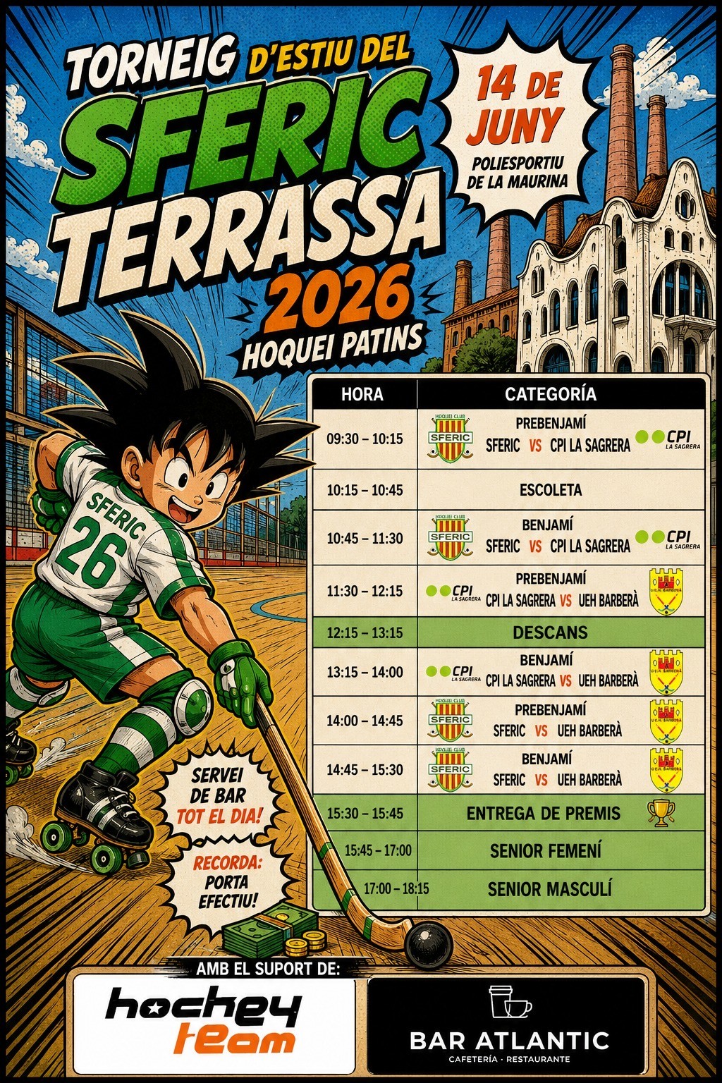Cartell on s'anuncia el torneig i els horaris dels partits amb una imatge del Goku jugant a hoquei patins