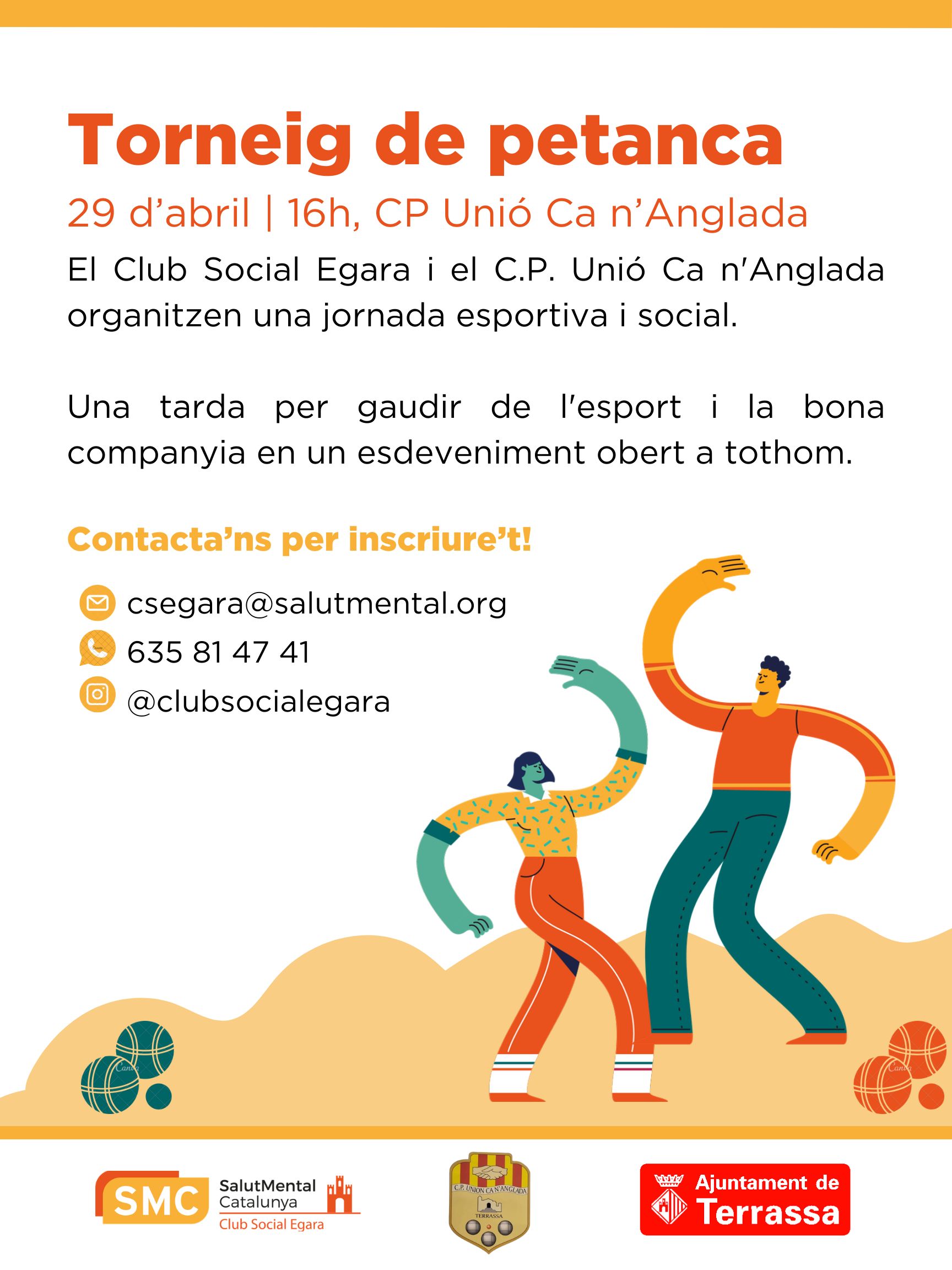 Cartell on es veu un dibuix de dues persones jugant a petanca i informació del torneig
