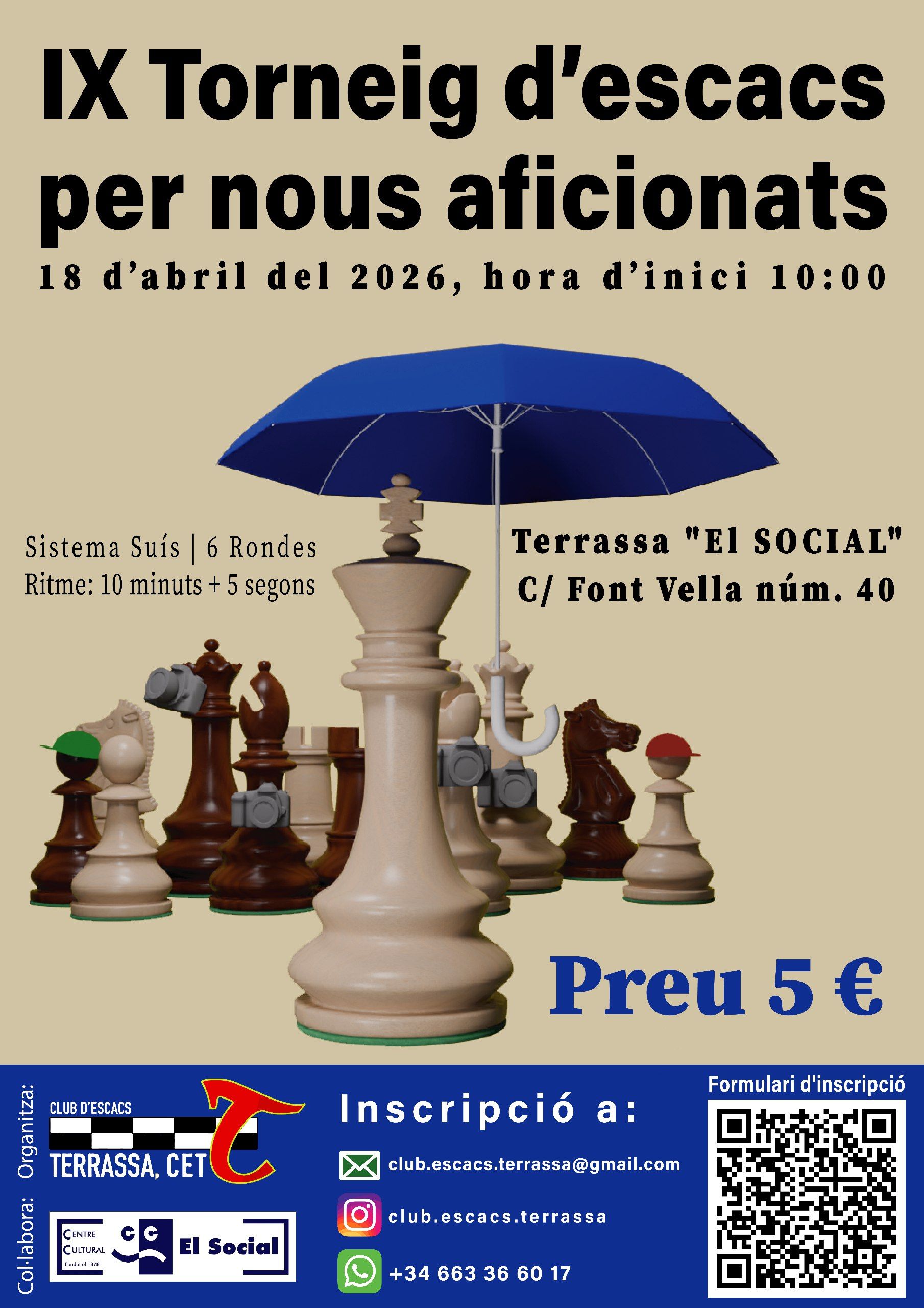 Cartell on s'anuncia el torneig i es veuen diferents fitxes d'escacs