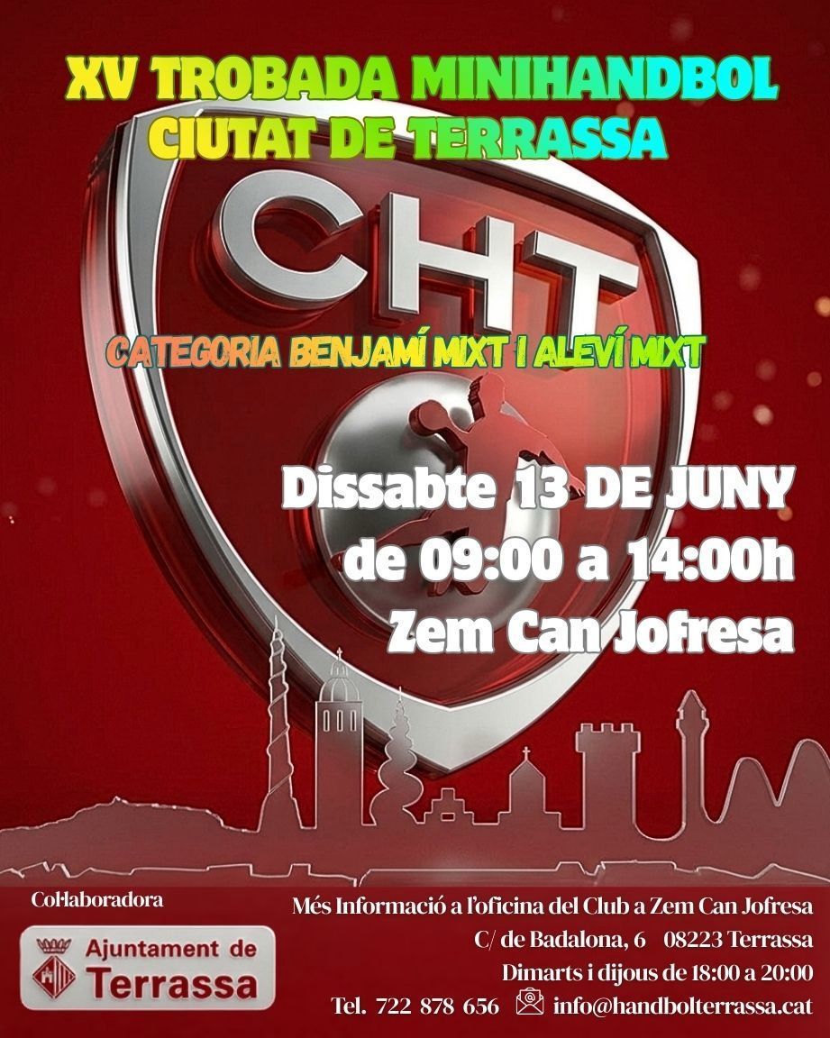 Cartel donde se anuncia el encuentro y donde se ve el escudo del Club Handbol Terrassa al fondo