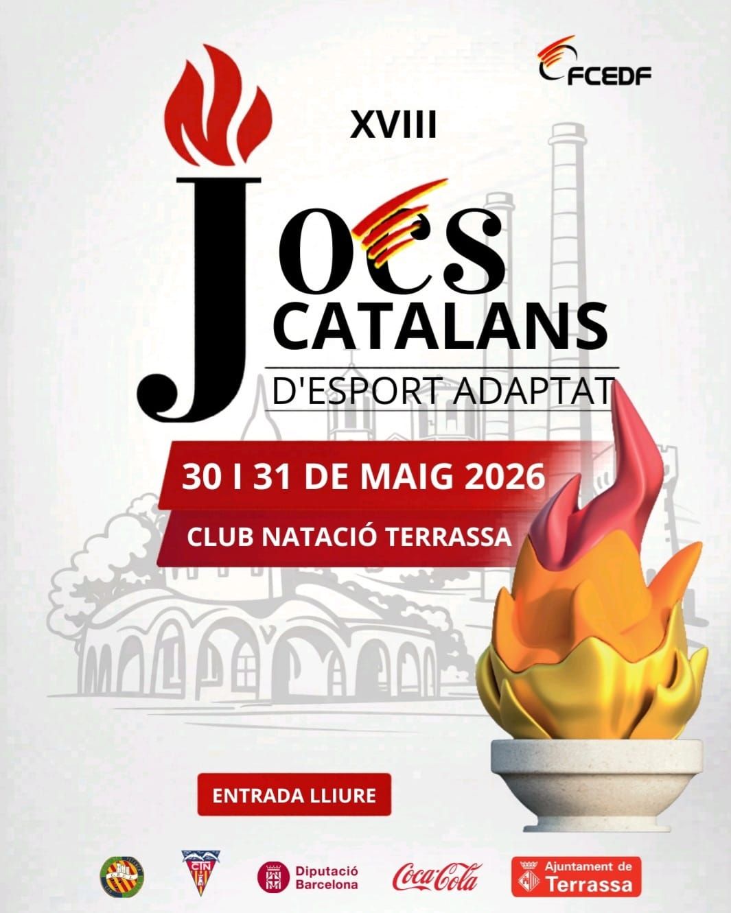Cartel donde se anuncia el evento sobre un fondo donde se ven dibujados edificios representativos de Terrassa
