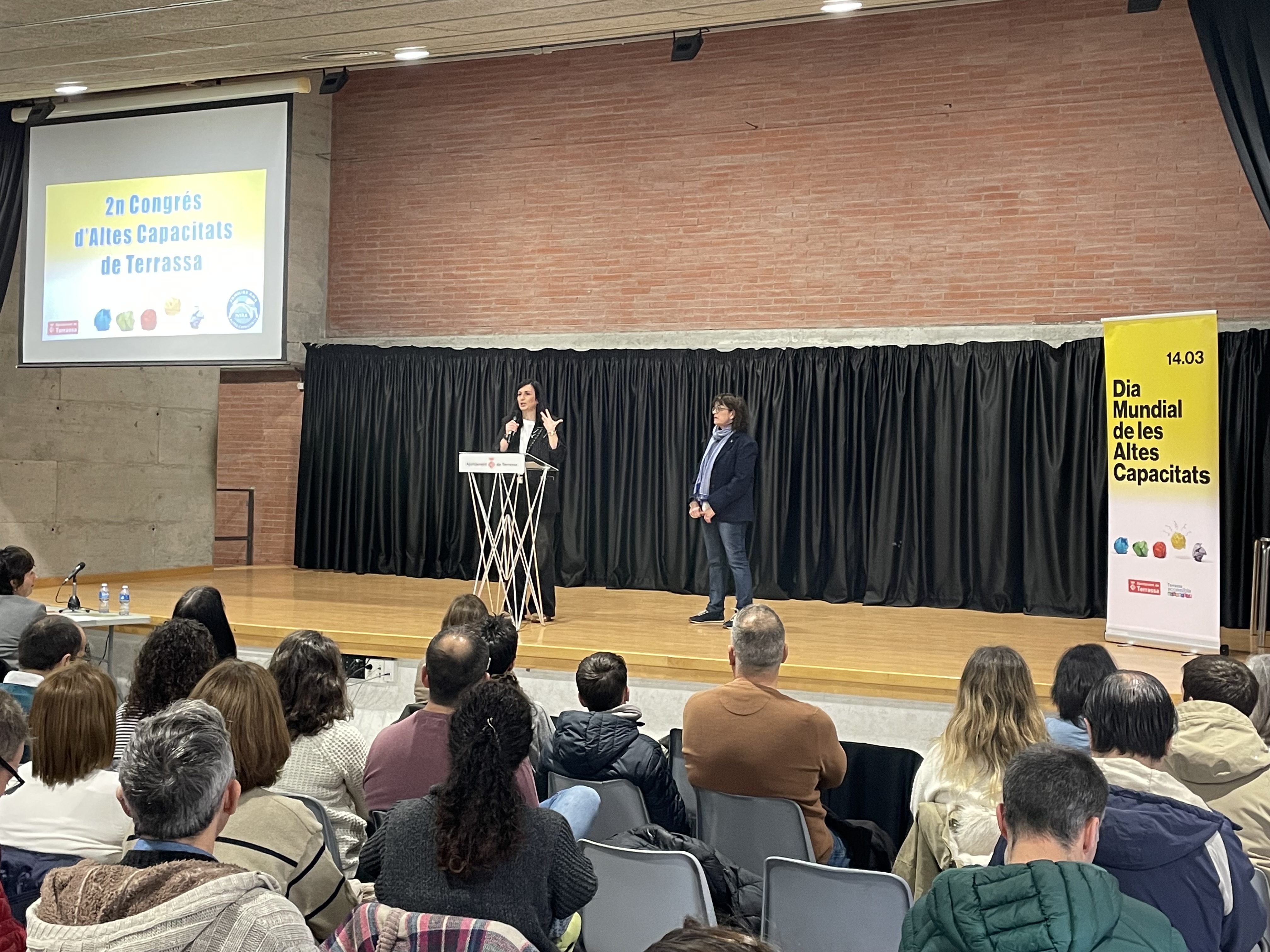 Sala d'actes amb públic assegut mirant un escenari. A l'escenari hi ha dues persones dretes davant d'una pantalla de projecció.