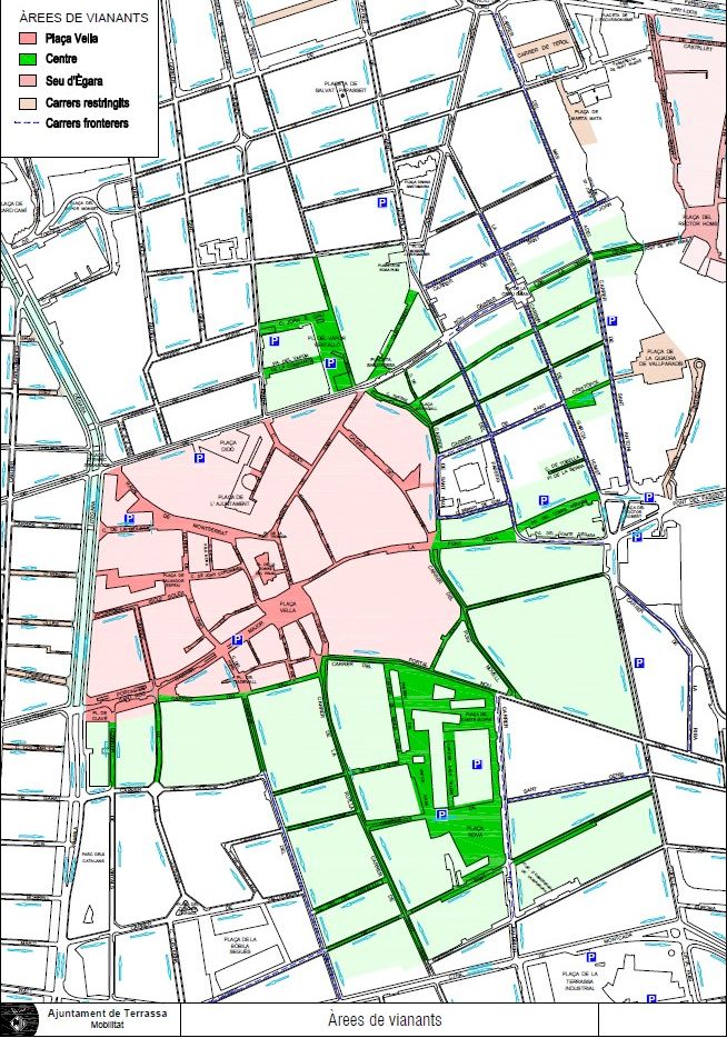 Plànol de l'Àrea de Vianants de Terrassa amb els sentits dels carrers